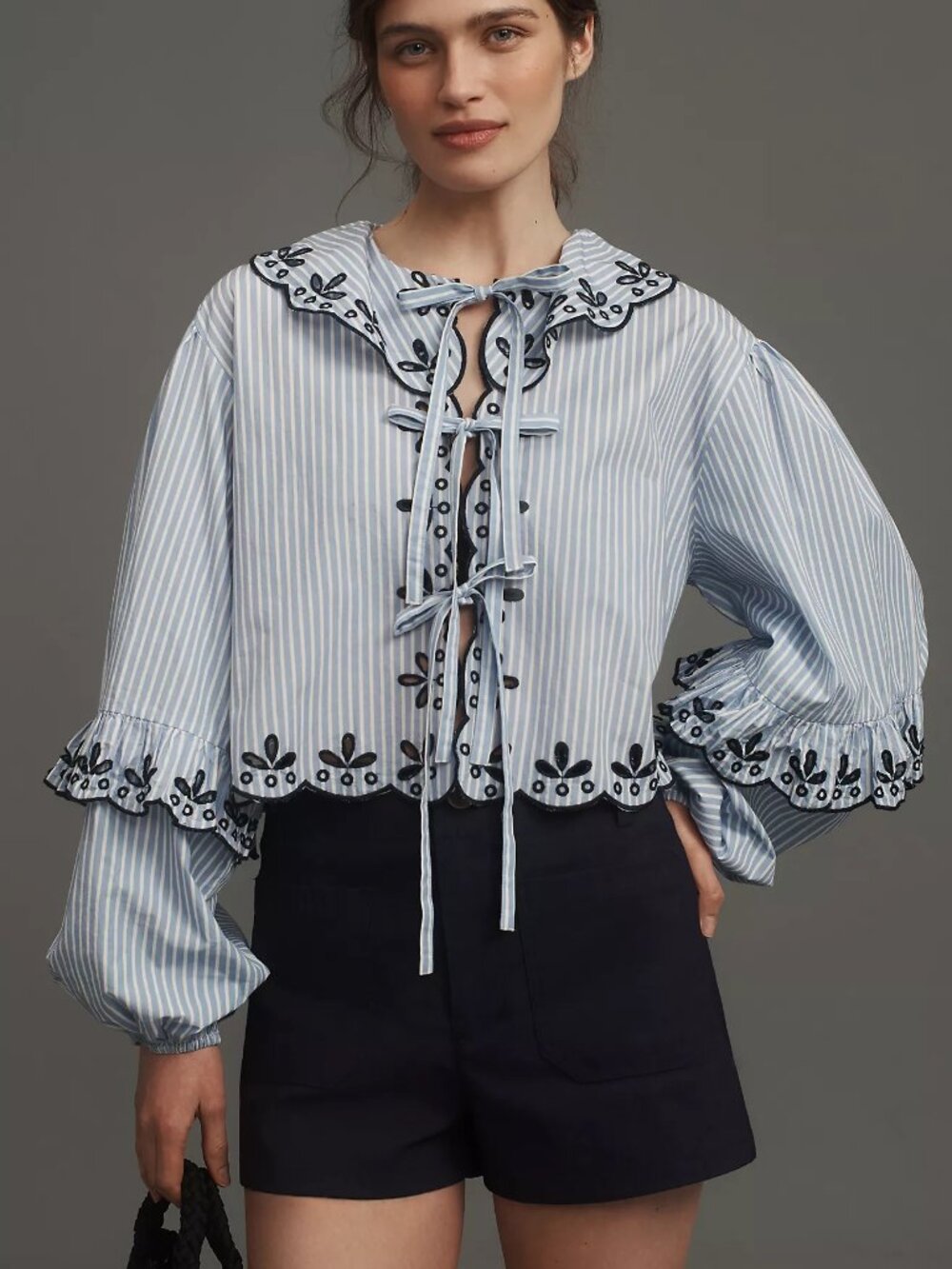 Maeve Long-Sleeve Scallop Tie-Front Blouse in Blue Stripes